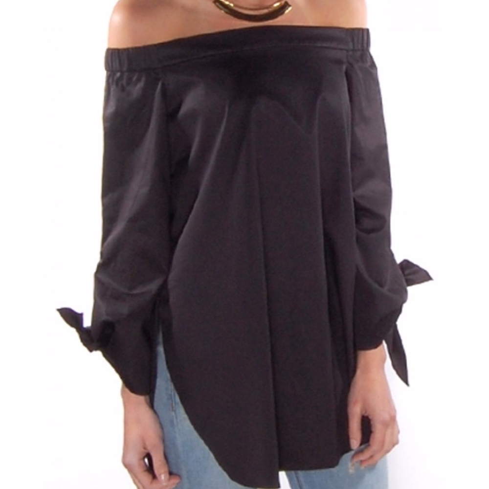 Tibi satin poplin off the shoulder tunic top.